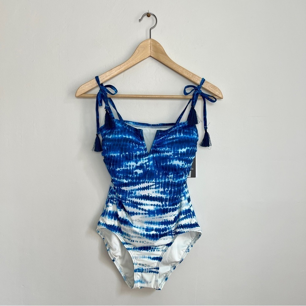 NEW Vince Camuto Blue Tie Dye V Wire Tassels Tie Bow Strap One Piece Swimsuit 4 - Picture 2 of 11